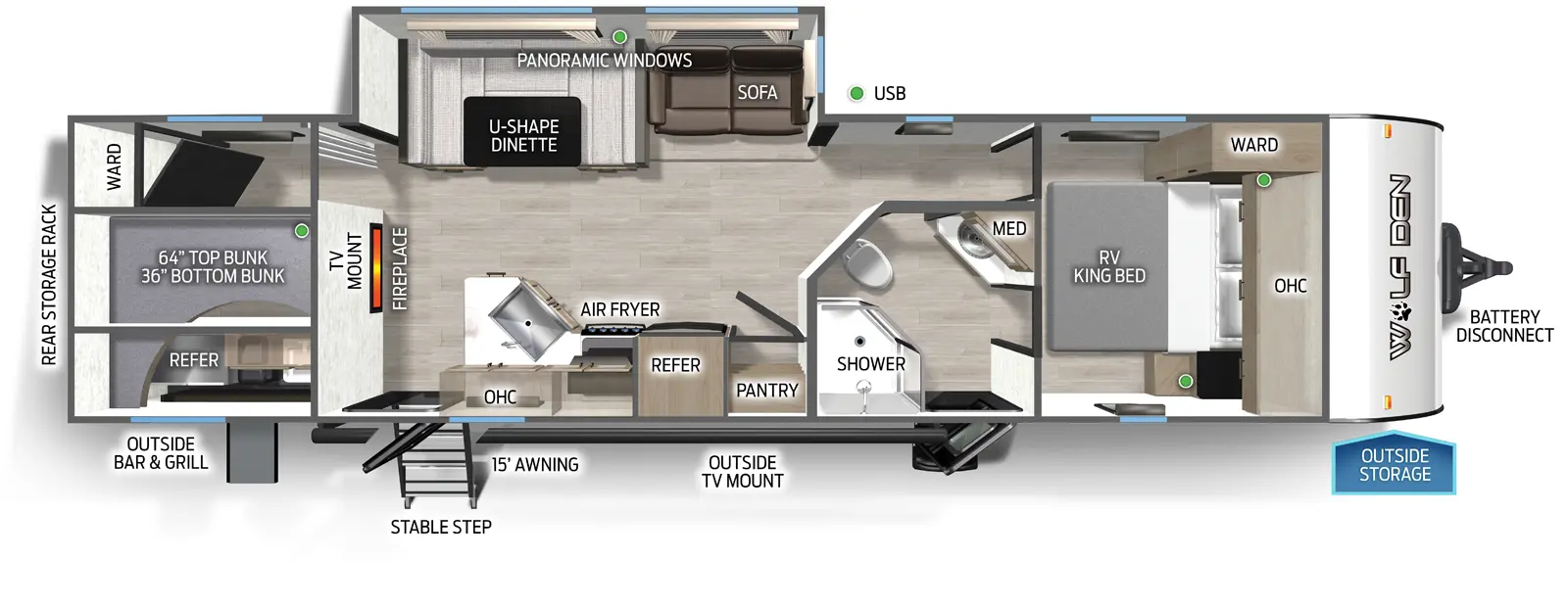 The Wolf Den 294GEBG floorplan has two entries and one slide out. Exterior features include: metal exterior, 15' awning and outside kitchen. Interiors features include: bunk beds, u-dinette and front bedroom.